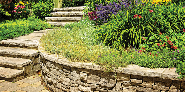 Natural stone landscaping in home garden with stairs and retaini