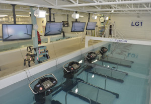 The LG 1 pool is 3.7 x 11.3 m (12 x 37 ft), has a water depth of 1.42 m (4.65 ft), and includes four treadmills with cameras and television monitors, along with six aqua bikes.