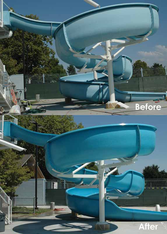 Before and after photos of a resurfaced waterpark slide.