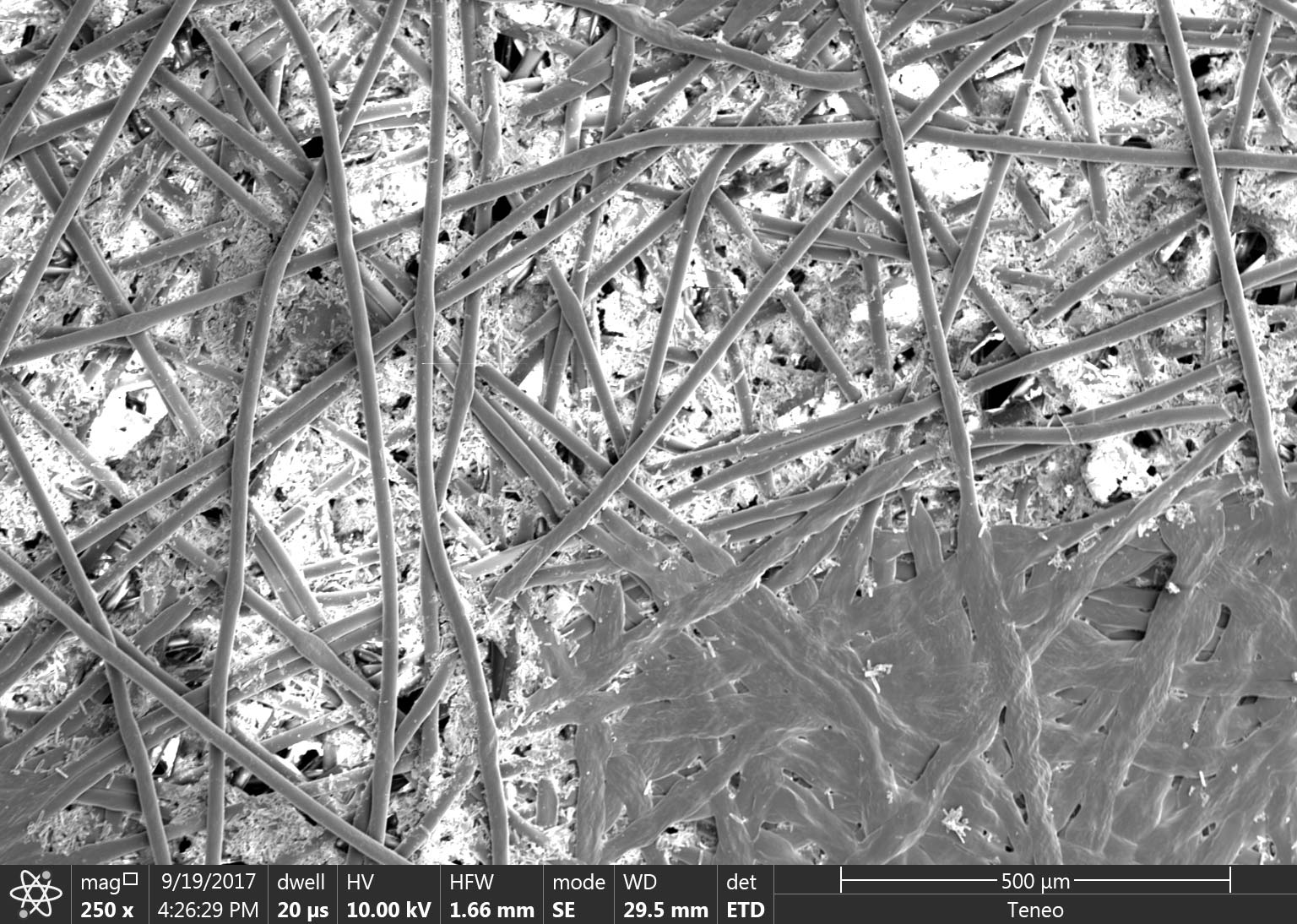 Under microscope, the mixture of oil and dirt blind the surface of the filter fibres.