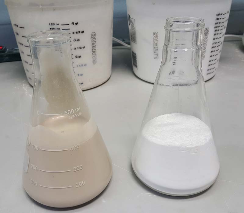 On the left is a concoction of dirt and oils filter manufacturers use to test cartridge filter media versus the silica-based test used by the standards organization.