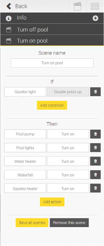 Scenes allow one to co-ordinate actions on a device. For example, pressing twice on a smart light switch will turn on all pool appliances that are connected to a load controller.