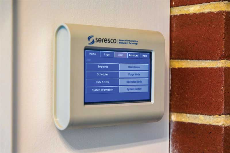 A wall-mounted monitor/control touchpad system connects the homeowner directly to the dehumidifier climate control equipment and allows them to modify the natatorium’s environmental conditions within seconds.