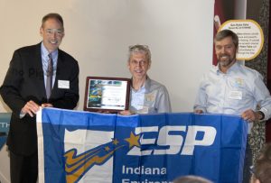 Indiana Department of Environmental Management’s (IDEM’s) commissioner Bruno Pigott (left) hands the Environmental Stewardship Program (ESP) award to Thurday Pools’ chief financial officer Bill Khamis (centre) and chief operating officer Ed Vondell (right).