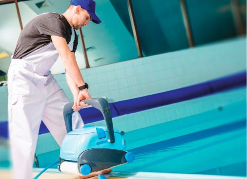 Service professionals can drop a commercial robotic cleaner in the pool, while the team inspects the vessel for leaks and/or maintains other areas  of the aquatic facility.