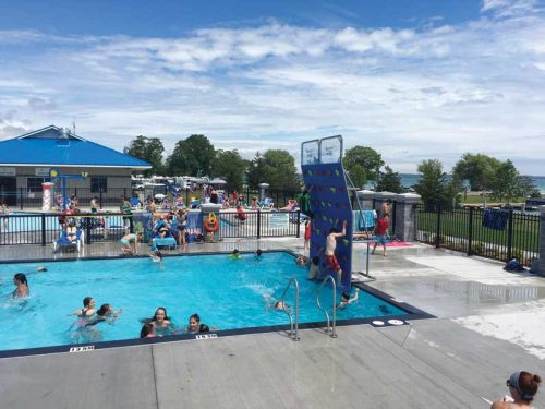 The 3.6-m (12-ft) high by 2.4-m (8-ft) wide climbing wall is one of main attractions in the pool designed for older kids and adults.