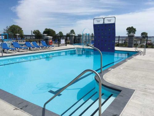 The party and sports pool allows swimmers the ability to play basketball and volleyball or test their abilities on the climbing wall.