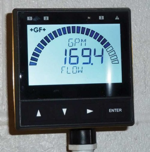 The flow meter measures the flow of water through the solar loop and records it on a local screen.