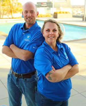 Shannon Sellers (right) of Jeff’s pool and spa in Brunswick, Ga., and Jesse Gist of Gallagher Pools and Spas in Westminster, Md., are the winners of this year’s 2020 Perfect Pool Guy and Gal search.