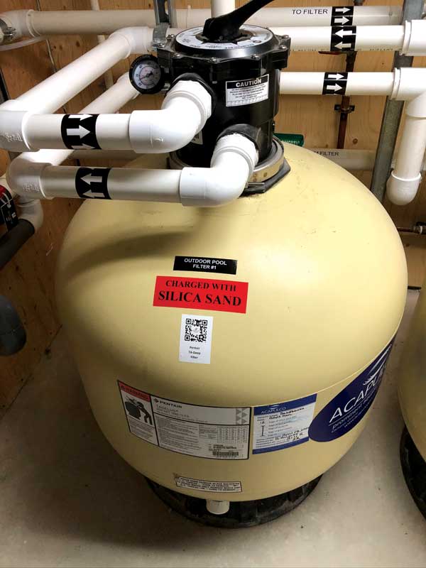 Two sand filters offer almost double the filtration area required. To allow operators to pull information easily and quickly off each item in the pool mechanical room, Acapulco Pools is now labelling every component with QR codes.