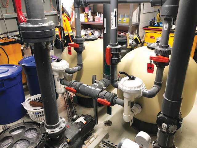 Two sand filters are used uniformly across all the pools at Movati Athletic Clubs to achieve the required filter flow rate.