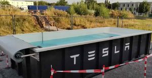 Tesla's super pool at Fastned’s charging station in Hilden, Germany.