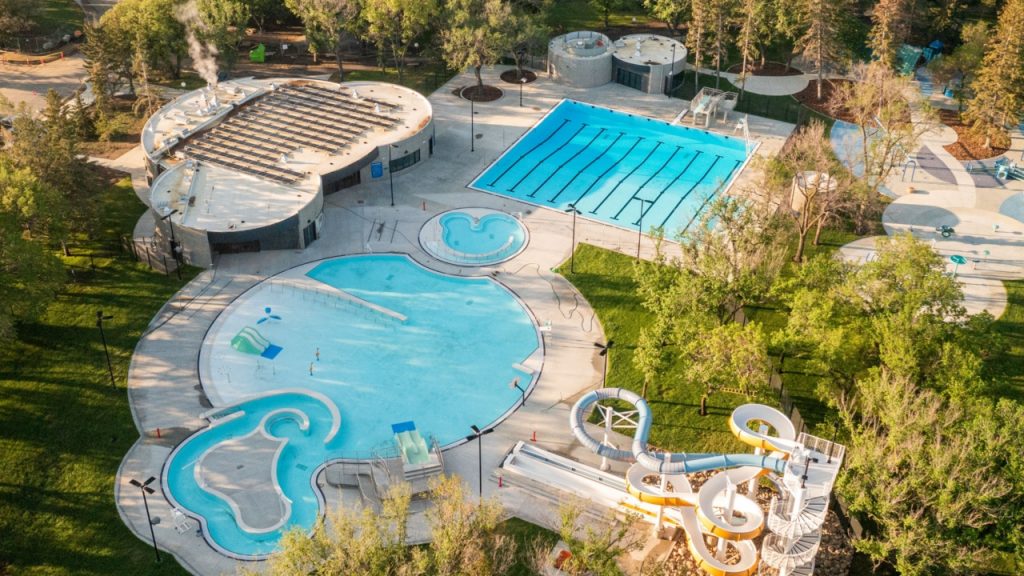 Aerial photo of the recently opened, renewed Wascana Pool in Regina, Saskatchewan.