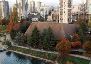 A photo of the exterior of the Vancouver Aquatics Centre. 