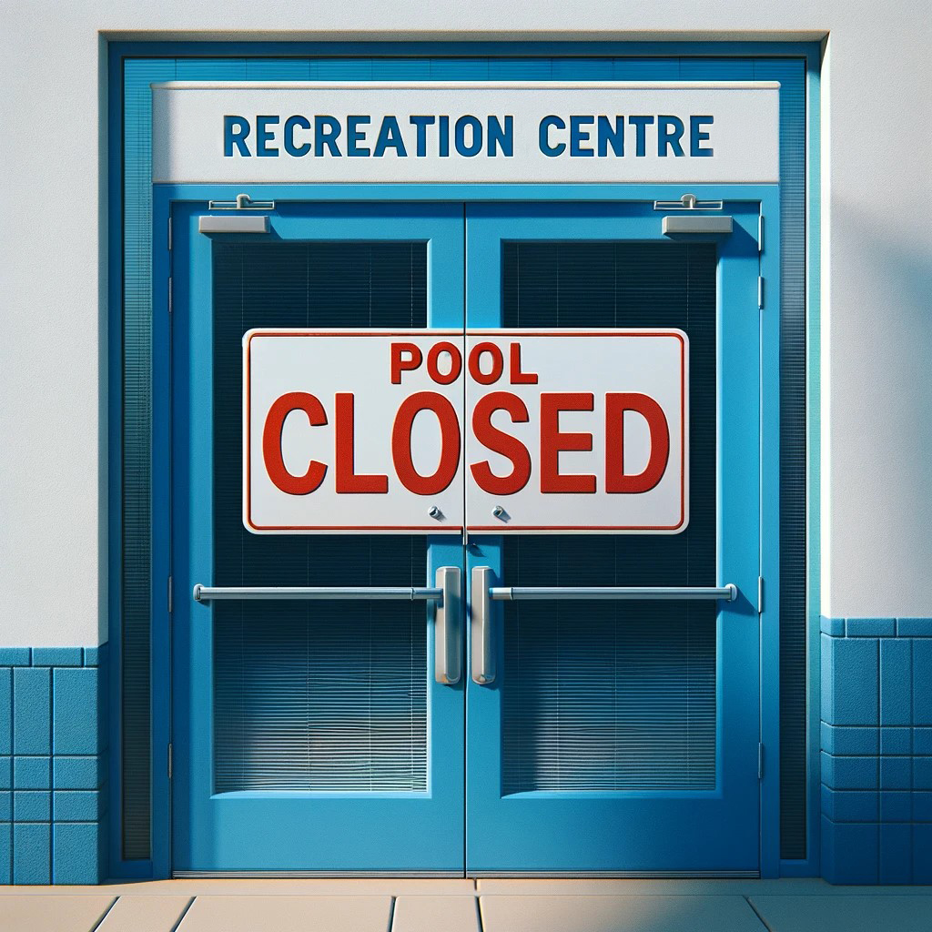 Blue recreation center doors with a 'Pool Closed' sign.