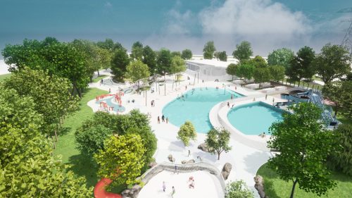 Concept design of L’Amoreaux Kidstown Water Park featuring pools, slides, and green spaces.