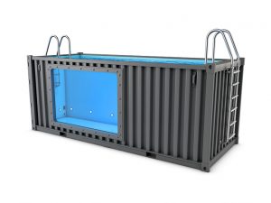 3d Illustration of Converted old shipping container into swimming pool, isolated white