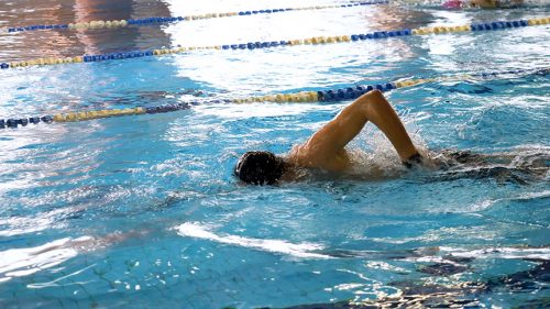 Man Swimming in Pool. Fit young male swimmer training in the pool. Young man swimming the front crawl in a pool. Young male athlete swimming freestyle in pool during competition