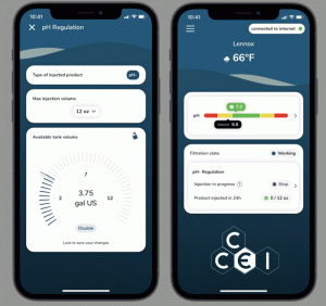 Two smartphone screens displaying a pool automation app interface for pH regulation, showing tank volume, filtration state, and real-time chemical injection metrics.