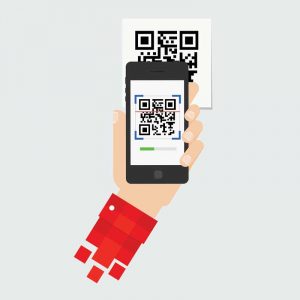 An illustration of a hand holding a smartphone scanning a QR code displayed on a white background, indicating a digital interaction.