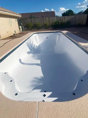 An empty residential swimming pool with freshly refinished white walls, located in a backyard surrounded by a wooden fence and greenery. The pool features diamond-shaped accent tiles along the edges and steps. Shadows of palm trees are visible on the pool surface under a bright, sunny sky.