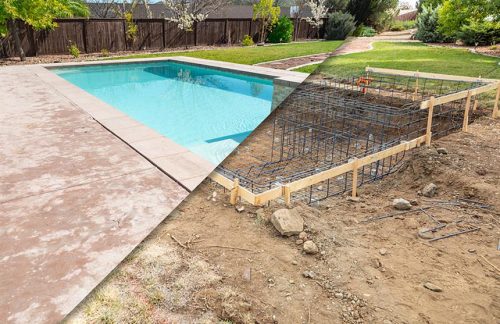 Split image showing a completed swimming pool and an unfinished construction site.